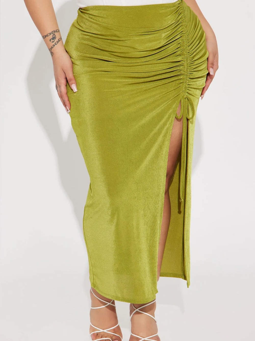Olive Green Ruched Side-Slit Midi Skirt